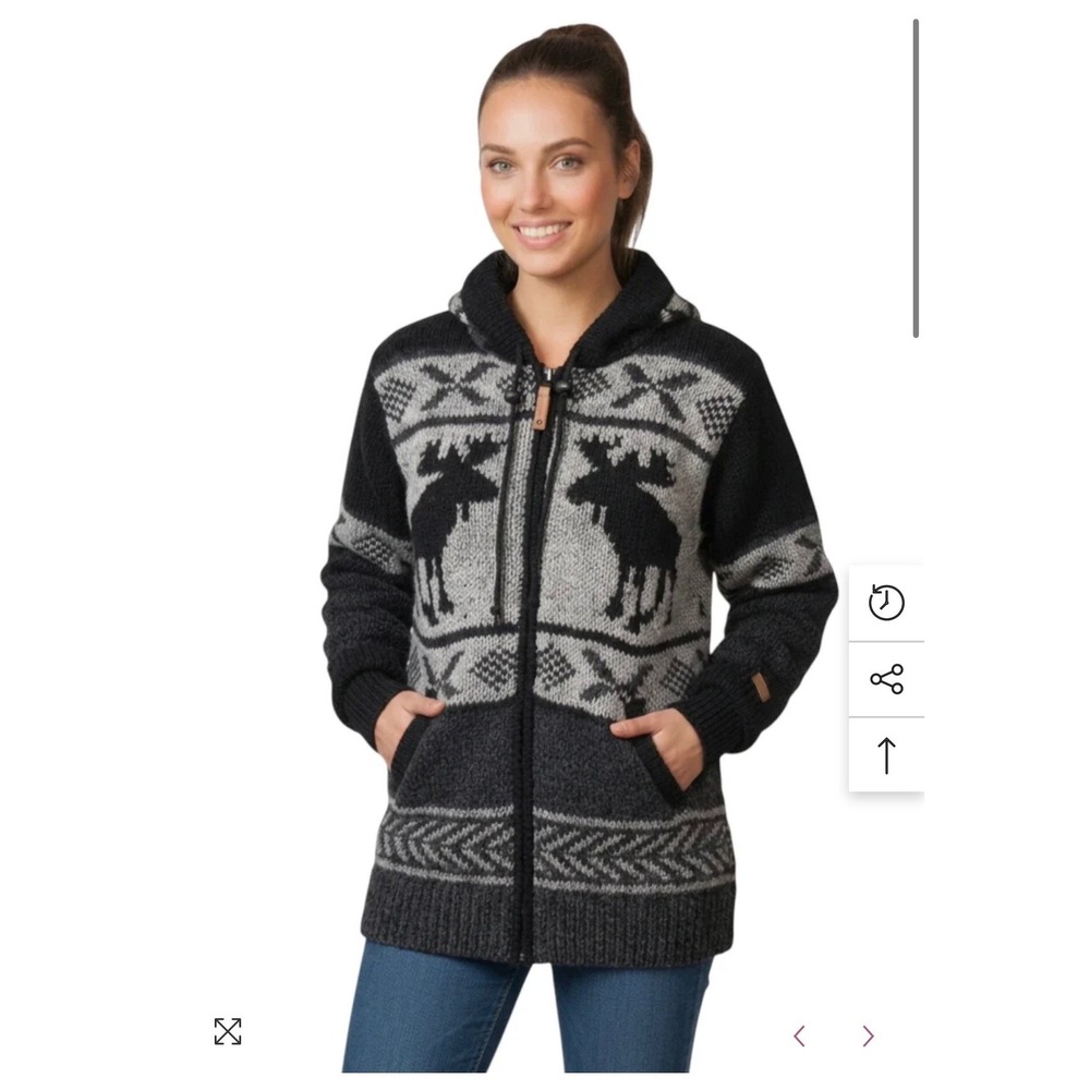 Ark Imports Wool Moose Hooded Jacket Navy Blue Fleece Lined Fair Trade Small